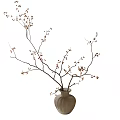 Elegant Floral Display with Light Brown Textured Vase and Slender Branches Bearing Small Red Fruits