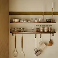 Wall Mounted Kitchen Shelves With Bowls Plates Glass Jars And Hanging Utensils