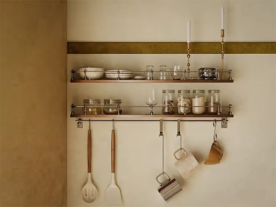 Wall Mounted Kitchen Shelves With Bowls Plates Glass Jars And Hanging Utensils 3d model
