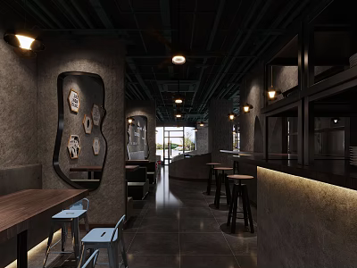 Modern Café Interior With Concrete Walls Wooden Tables Blue Chairs And Pendant Lights 3d model