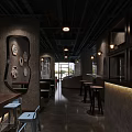 Modern Café Interior With Concrete Walls Wooden Tables Blue Chairs And Pendant Lights