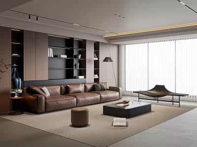 Spacious Modern Minimalist Living Room With Brown Leather Sofa And Built In Storage Cabinets 3d model