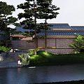 Serene Garden Landscape With Red Green Trees Stone Paving And Pavilion Area
