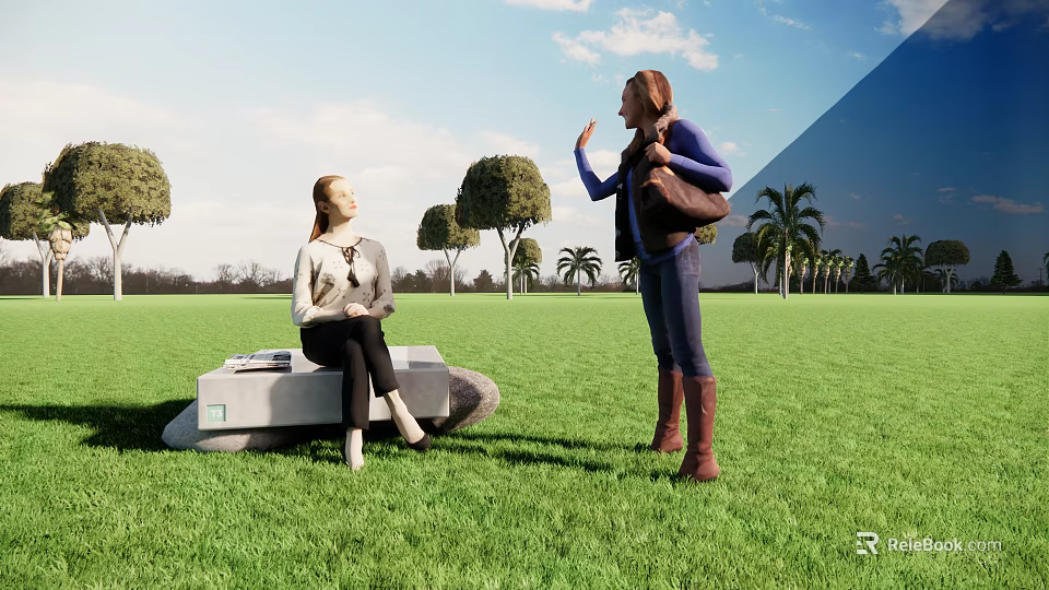 Two Women Interacting On Grass Field With Trees And Sky 3d model