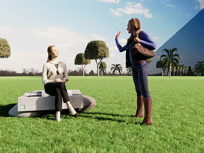 Two Women Interacting On Grass Field With Trees And Sky 3d model