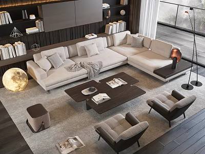 Modern L Shaped Sofa Coffee Table Set With Wooden Table Area Rug And Armchairs 3d model