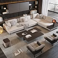 Modern L Shaped Sofa Coffee Table Set With Wooden Table Area Rug And Armchairs