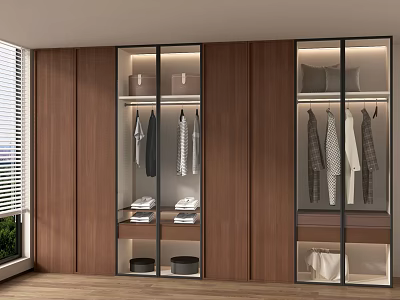 Modern Wardrobe Interior Design With Glass Doors Wooden Panels Hanging Clothes And Storage Shelves 3d model