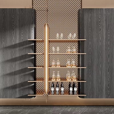 Modern Brass Multi-tiered Display Shelf With Glassware And Bottles On Wooden Wall 3d model
