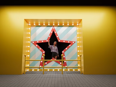 Shop Window Display Featuring Red Star Blue White Stripes Yellow Background And Light Bulb Decorations 3d model
