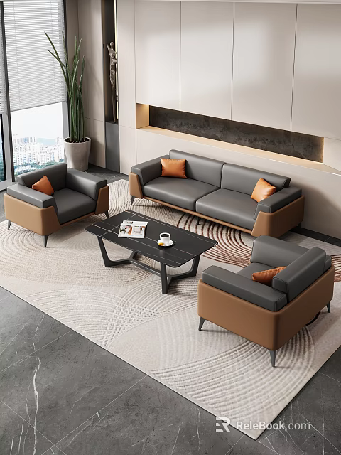 Modern Lounge Area With Gray Brown Sofas Coffee Table Patterned Rug Window And Potted Plant 3d model