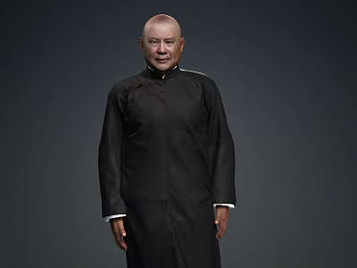 Bald Man Wearing Black Traditional Robe Standing Against Dark Gray Background 3d model