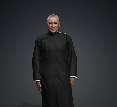 Bald Man Wearing Black Traditional Robe Standing Against Dark Gray Background 3d model