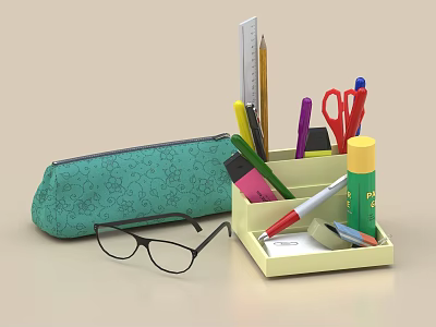 Pens And Pencils In Desk Organizer With Green Floral Pencil Case Scissors And Ruler 3d model