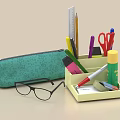 Pens And Pencils In Desk Organizer With Green Floral Pencil Case Scissors And Ruler