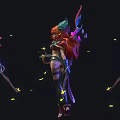 Fantasy Female Character with Red Long Hair Green Outfit Wielding Weapon Surrounded by Yellow Butterflies
