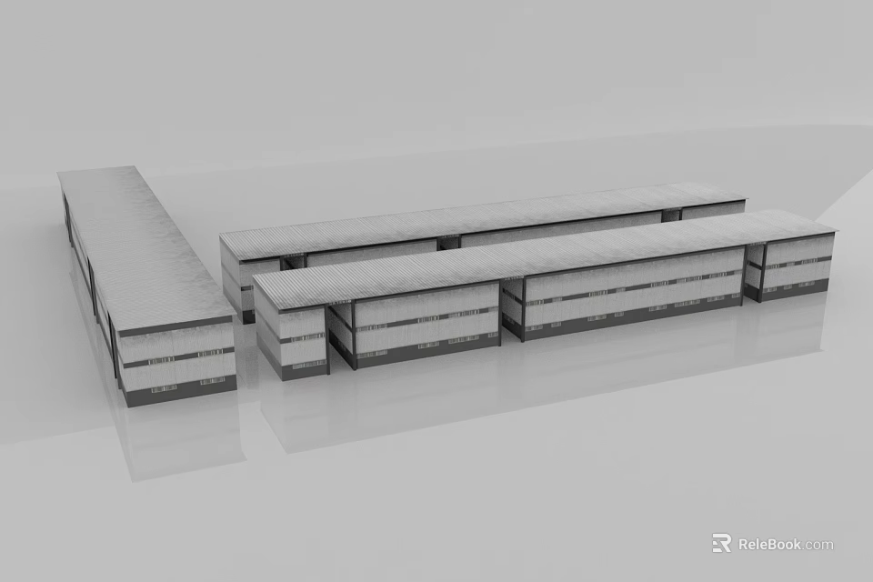 Modern Industrial Warehouse Complex Featuring Long Connected Units And Flat Roof Design 3d model