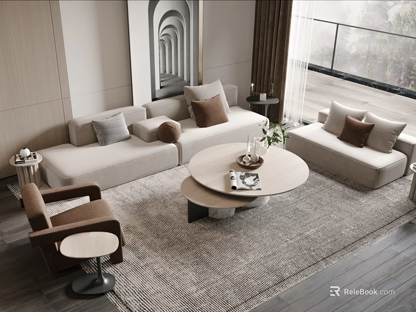 Modern Sofa Coffee Table Combination With Beige Pillows Area Rug And Large Window View 3d model