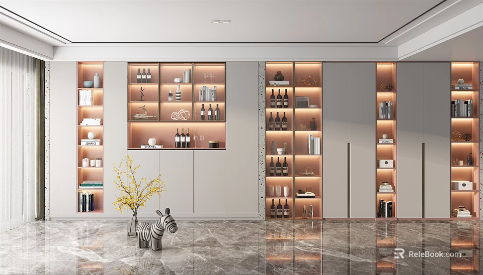 Modern Wine Cabinet With LED Lighting Glass Doors And Wine Bottle Display In Living Room 3d model 