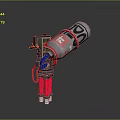 Red And Silver Mechanical Weapon With Blue Pipes Cylindrical Barrel And Mechanical Components