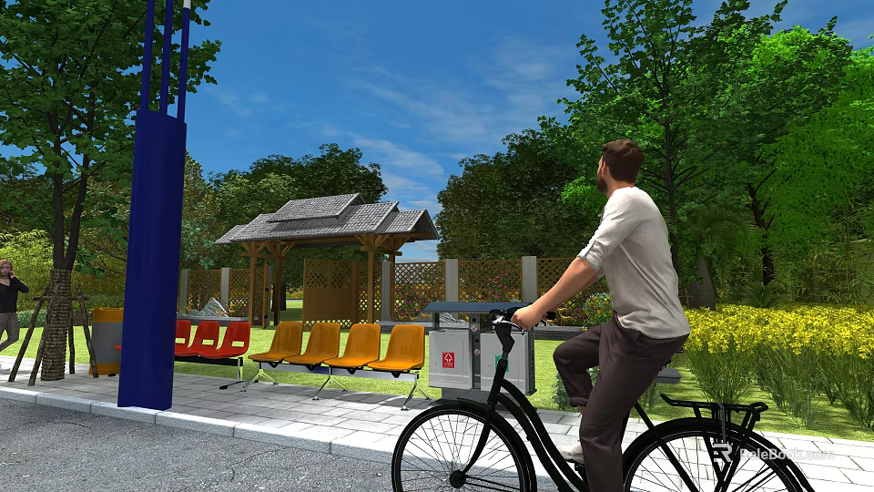 Entrance Gate Area With Roofed Pavilion Red Yellow Benches Trees And Bicycle Rider 3d model 