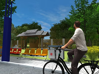 Entrance Gate Area With Roofed Pavilion Red Yellow Benches Trees And Bicycle Rider 3d model