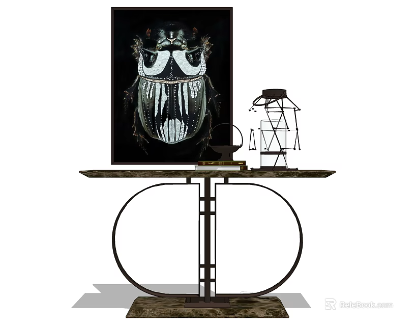 Modern Console Table With Metal Frame And Marble Top Featuring Decorative Painting And Metal Ornament 3d model 