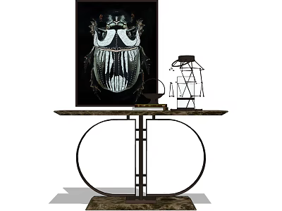 Modern Console Table With Metal Frame And Marble Top Featuring Decorative Painting And Metal Ornament 3d model