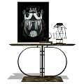 Modern Console Table With Metal Frame And Marble Top Featuring Decorative Painting And Metal Ornament