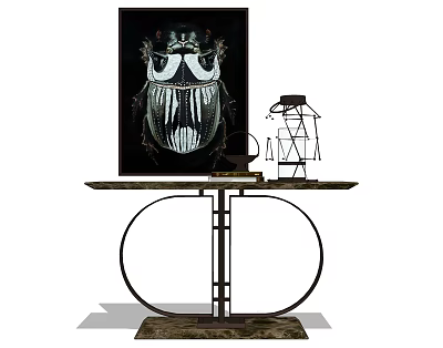 Modern Console Table With Metal Frame And Marble Top Featuring Decorative Painting And Metal Ornament 3d model