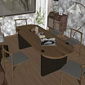 Quiet Style Dining Table and Chair Combination Oval Dining Table for Six 3d model