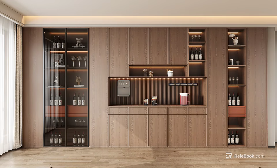 Modern Wooden Wine Cabinet With Glass Door And Wine Bottle Storage Display Shelves 3d model 