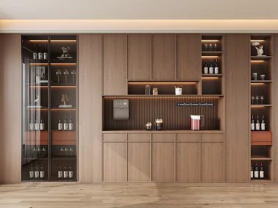 Modern Wooden Wine Cabinet With Glass Door And Wine Bottle Storage Display Shelves 3d model