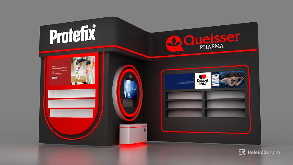 Modern Black Red Display Shelves For Protexfix And Quekser Pharma With Display Screen 3d model