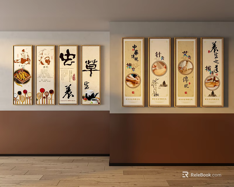 Chinese Decorative Paintings With Traditional Characters And Cultural Patterns On Wall 3d model 