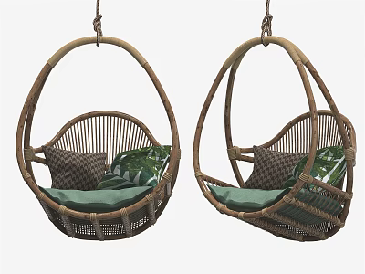 Rattan Egg Shaped Hanging Chairs Featuring Green Cushions And Brown Patterns 3d model