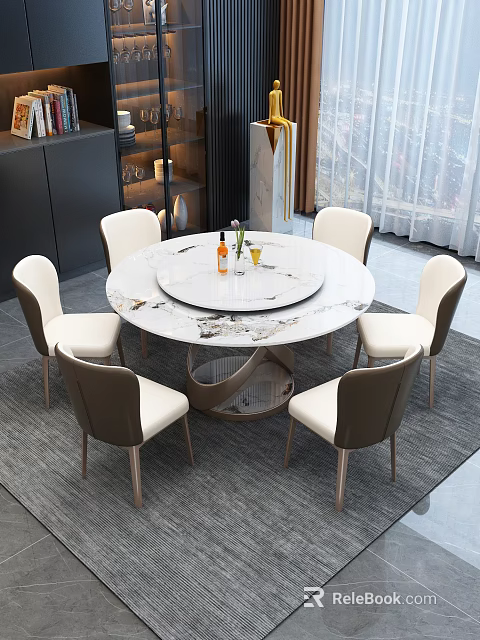 Modern Round Marble Dining Table Set With Six White Brown Chairs And Decorative Items 3d model 