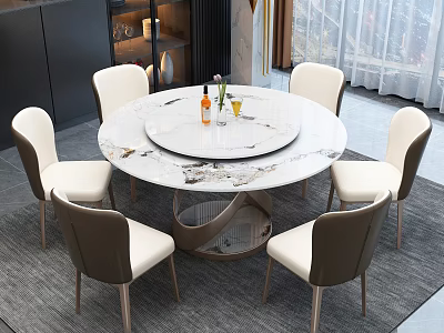 Modern Round Marble Dining Table Set With Six White Brown Chairs And Decorative Items 3d model