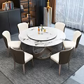 Modern Round Marble Dining Table Set With Six White Brown Chairs And Decorative Items 3d model
