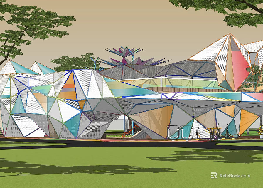 Modern Geometric Pergola Design With Colorful Panels And Green Landscape Setting 3d model 