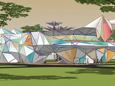 Modern Geometric Pergola Design With Colorful Panels And Green Landscape Setting 3d model