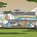 Modern Geometric Pergola Design With Colorful Panels And Green Landscape Setting