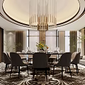 Modern Private Dining Room With Round Table Chairs Chandelier And Marble Floor Design