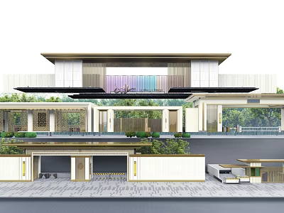 Luxury Modern Entrance Gate Design With Landscaping Green Plants And Architectural Details 3d model
