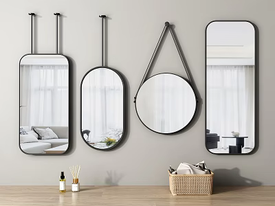 Modern Bathroom Mirrors with Different Shapes Black Frames Wall Mounted and Bath Accessories on Counter 3d model