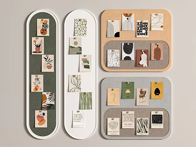 Stylish Photo Wall Design With Decorative Cards Illustrations And Various Colorful Panels 3d model