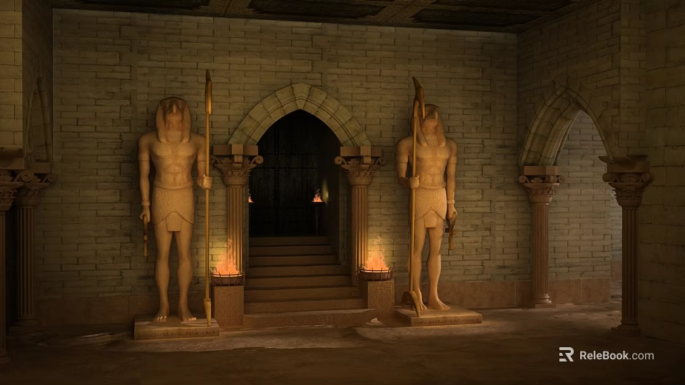 Ancient Temple Entrance With Stone Statues Holding Spears Arched Doorway And Lit Torches 3d model 