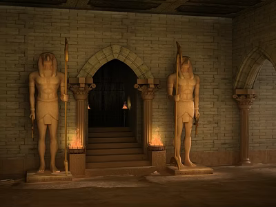 Ancient Temple Entrance With Stone Statues Holding Spears Arched Doorway And Lit Torches 3d model