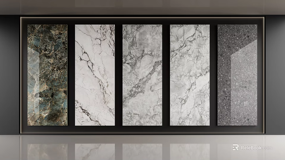 Wall Panels with Different Textures Including Marble Patterns and Dark Color for Modern Interior Design 3d model