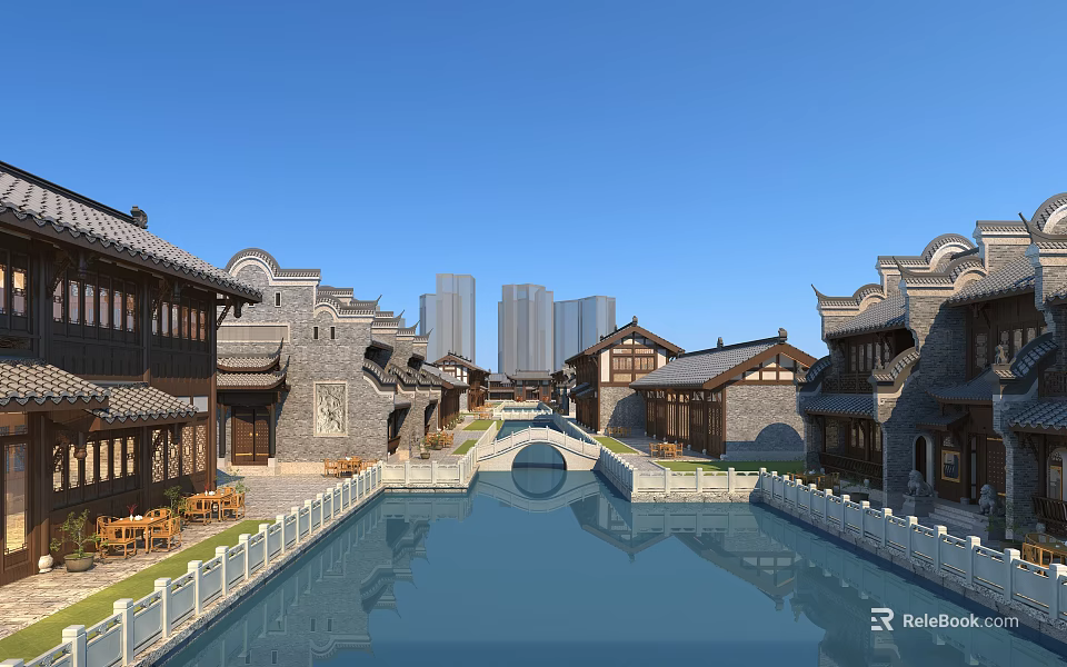 Traditional and Modern Commercial Street with Water Canal Stone Bridge and Skyscrapers 3d model 